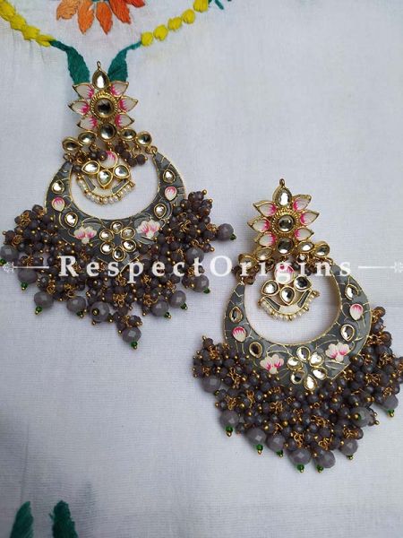 Gray Two-toned Meenakari Chand-Bali Ear-rings with Pearl; RespectOrigins.Com