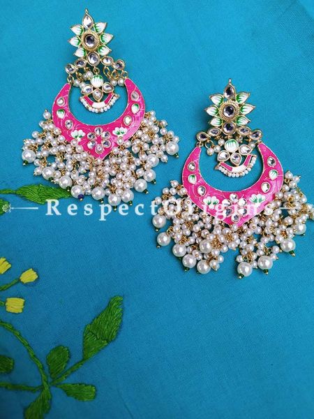 Pink Two-toned Meenakari Chand-Bali Ear-rings with Pearl; RespectOrigins.Com
