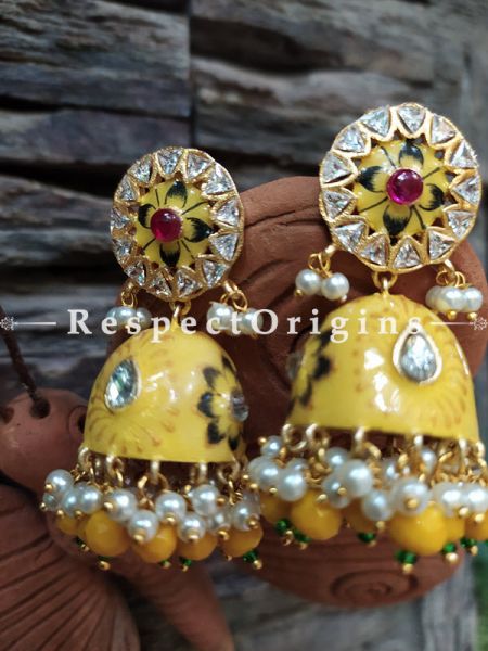 Ruhi Meenakari Enamel Kundan Jhumki Ear-rings with Delicate Pearly Bead Drops. RespectOrigins.Com
