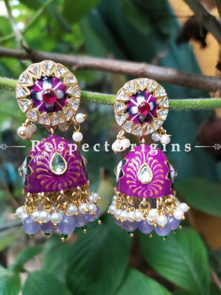 Tamanna Meenakari Enamel Kundan Jhumki Ear-rings with Delicate Pearly Bead Drops. RespectOrigins.Com