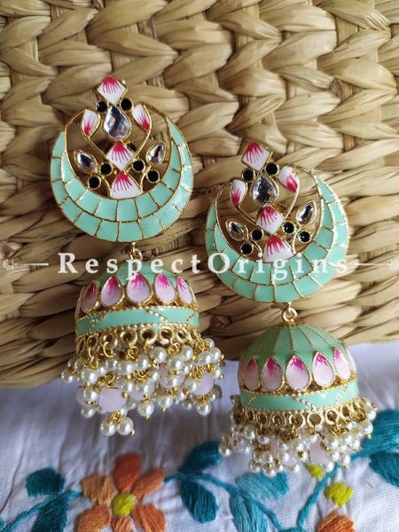 Pista Green and Pink Meenakari Ear-rings Jhumki; RespectOrigins.Com