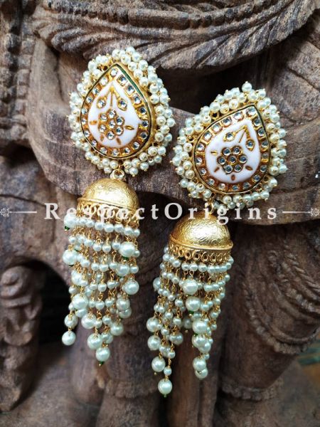 Gold Toned Kundan Enamel Minakari Pearly Jhumki Chandelier Ear-rings; Soft Pink; RespectOrigins.com
