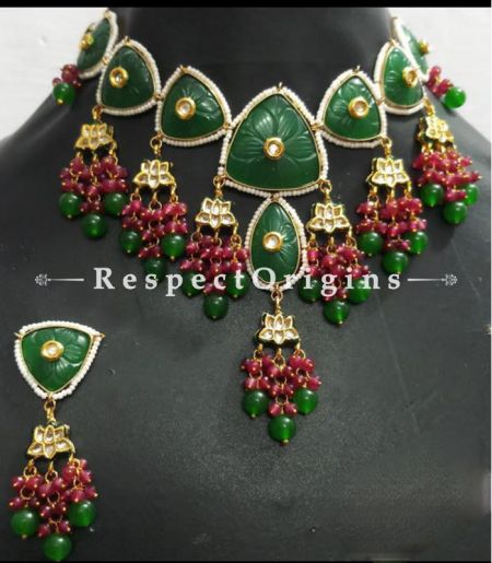 Classy Green Meenakari Choker Necklace having Red Droplets with Beautiful Earrings; RespectOrigins.com