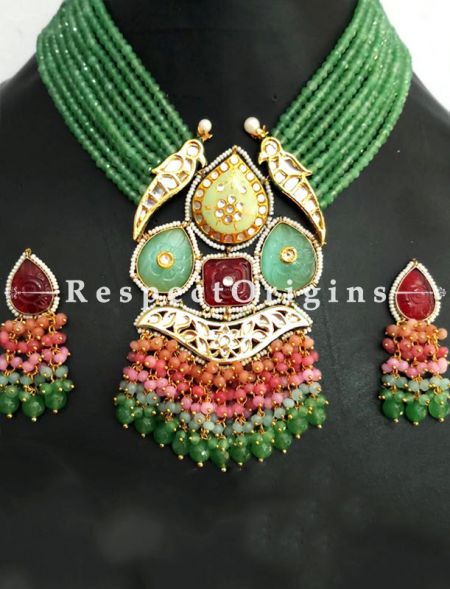 Delicate Multicoloured Meenakari Necklace having Green Droplets with Beautiful Earrings; RespectOrigins.com