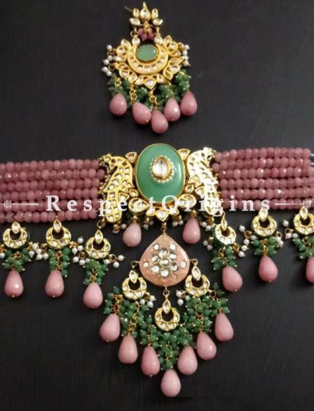 Fascinating Multicoloured Meenakari Chocker Necklace having Pink Droplets with Beautiful Earrings; RespectOrigins.com