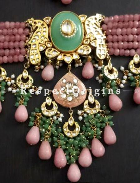Fascinating Multicoloured Meenakari Chocker Necklace having Pink Droplets with Beautiful Earrings; RespectOrigins.com
