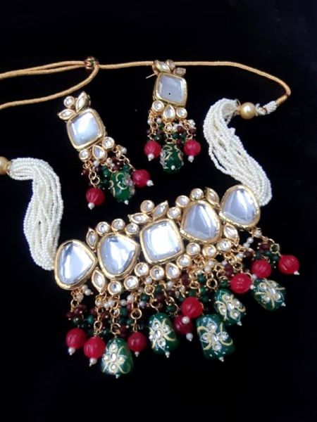 Appealing Red & Green Choker Meenakari Necklace with Beautiful Earrings; RespectOrigins.com