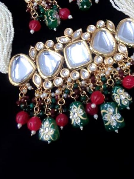 Appealing Red & Green Choker Meenakari Necklace with Beautiful Earrings; RespectOrigins.com