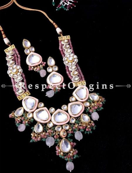 Lovely Pink Meenakari Green Beadworl Necklace with Beautiful Earrings; RespectOrigins.com