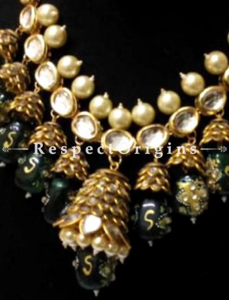 Graceful Meenakari Necklace Having Pearls and Green Droplets with Beautiful Earrings; RespectOrigins.com