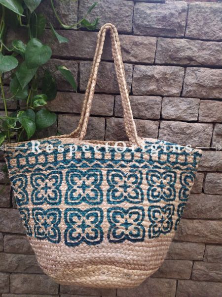 Buy Natural Brown and Green Floral Design Handwoven Organic Jute Braided Shopping or Beach Hand Bag;At RespectOrigins