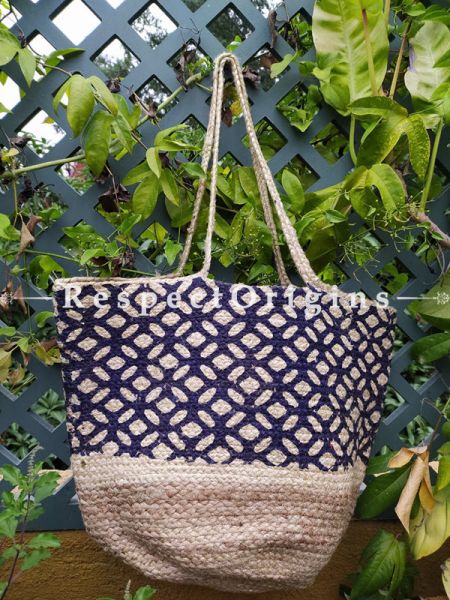 Buy Natural Brown and Blue Geometrical Design Handwoven Organic Jute Braided Shopping or Beach Hand Bag;At RespectOrigins