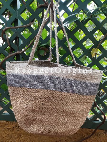 Buy Natural Brown, Blue & Beige Handwoven Organic Jute Braided Shopping or Beach Hand Bag;At RespectOrigins