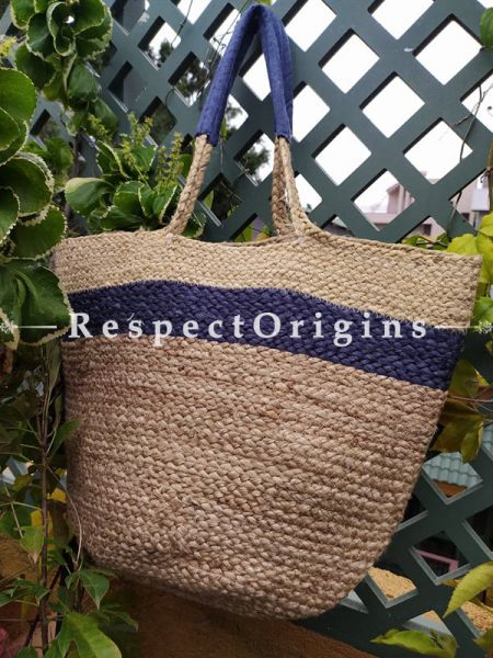 Buy Natural Brown Base With Blue Stripe Handwoven Organic Jute Braided Shopping or Beach Hand Bag;At RespectOrigins