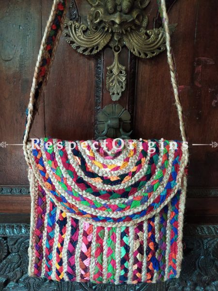 Buy Organic Hand Braided Multi-coloured Jute Tablet Cross-Body Bag with Strap.;At RespectOrigins