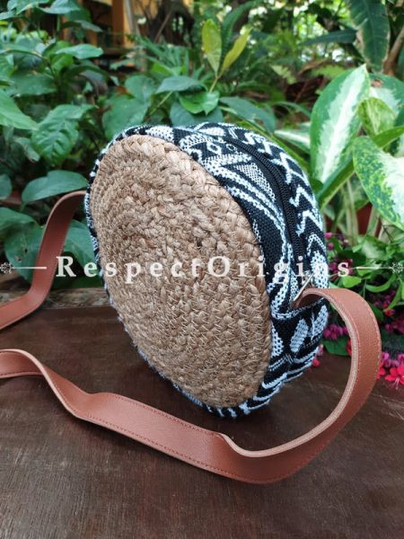 Buy Round Brown Base Hand Braided Jute Cotton Crossbody Boho Bag with Leather Shoulder Straps;At RespectOrigins