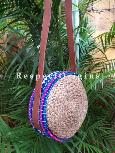 Buy Round Brown & Blue Hand Braided Jute Cotton Crossbody Boho Bag with Leather Shoulder Straps;At RespectOrigins