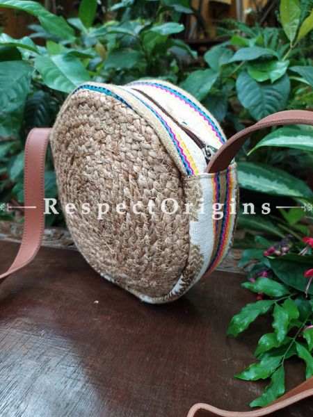 Buy Round Hand Braided Jute Cotton Crossbody Boho Bag with Leather Shoulder Straps;At RespectOrigins