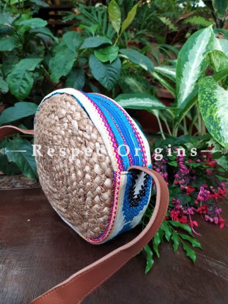 Buy Round Chemical Free Hand Braided Jute Cotton Crossbody Boho Bag with Leather Shoulder Straps;At RespectOrigins