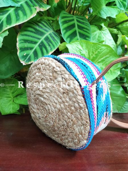 Buy Round Brown & Blue Hand Braided Jute Cotton Crossbody Boho Bag with Leather Shoulder Straps;At RespectOrigins