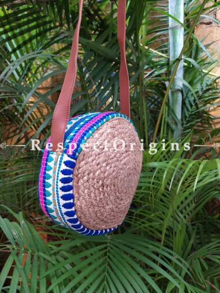 Buy Round Blue & Brown Hand Braided Jute Cotton Crossbody Boho Bag with Leather Shoulder Straps;At RespectOrigins