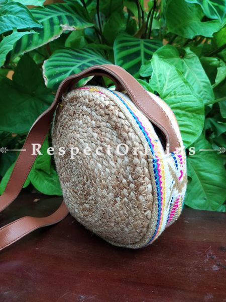 Buy Round Hand Braided Jute Cotton Crossbody Boho Bag with Leather Shoulder Straps;At RespectOrigins