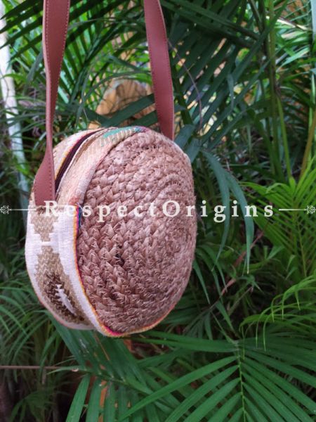 Buy Chic Round and Beautiful! Braided Jute Cotton Crossbody Boho Bag with Leather Shoulder Straps;At RespectOrigins