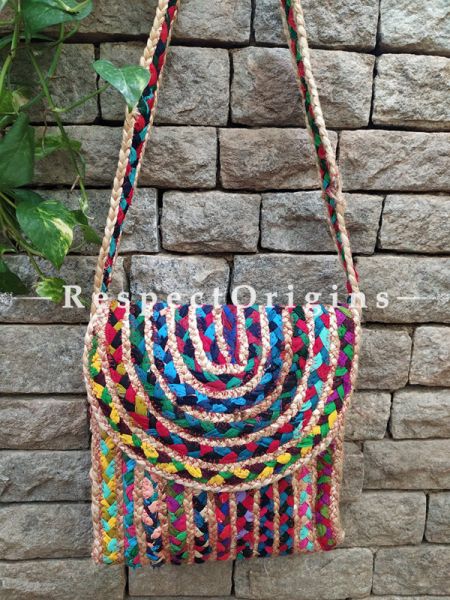 Buy Organic Hand Braided Multi-coloured Jute Tablet Cross-Body Chindi Bag with Strap.;At RespectOrigins