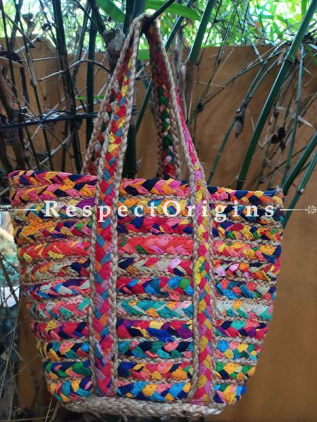 Buy Multi-Colour Hand Braided Jute Cotton Boho Bag with Shoulder Straps; Chindi Style.;At RespectOrigins
