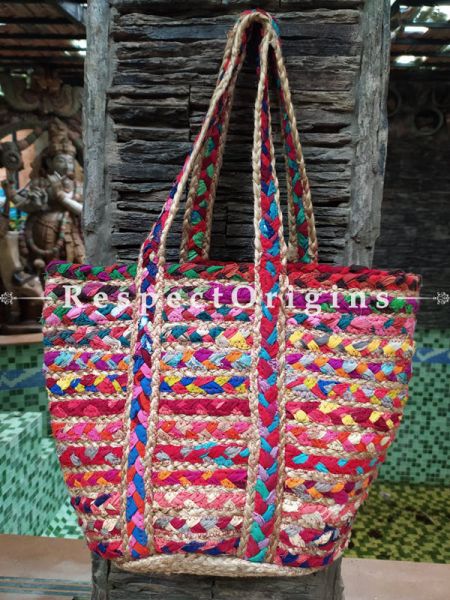 Buy Multi-Colour Chindi Hand Braided Jute Cotton Boho Bag with Shoulder Straps;At RespectOrigins