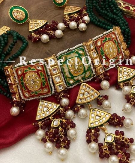 Beautiful Green-Red Coloured Choker Meenakari with Beautiful Earrings; RespectOrigins.com