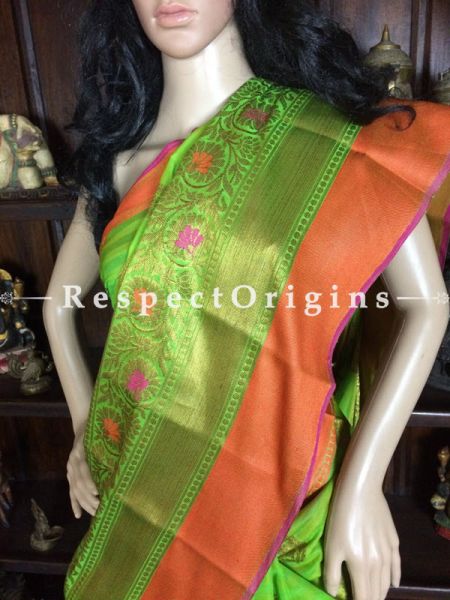 Green-Orange Handwoven Banarasi Cotton Silk Saree; Zari Border & Butis; RespectOrigins.com