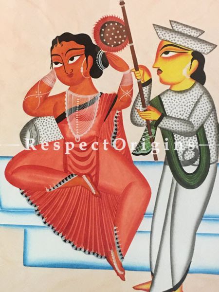 Buy Kalighat Painting of Babu Hand Fanning Bibi; Traditional Vertical Folk Art of Bengal On Paper in 18x25 inches|RespectOrigins.com