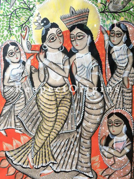 Buy Kalighat Painting of Radha Krishna; Traditional Vertical Folk Art of Bengal On Paper in 33x48 inches|RespectOrigins
