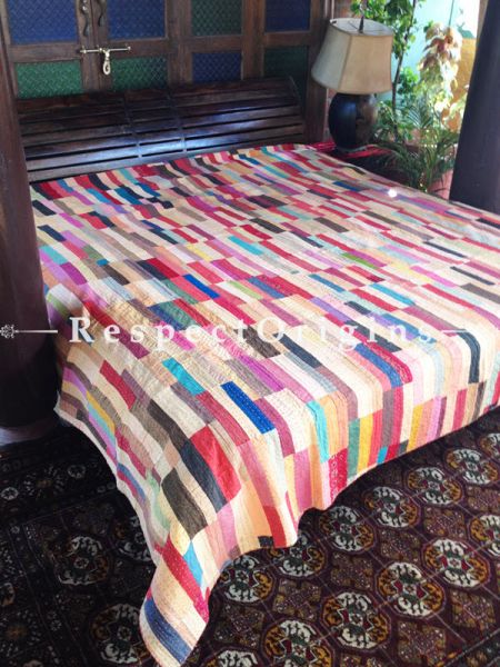 Rainbow Colored Patchwork Kantha-stitch Blanket Pure Cotton Dohar Spread Block Prints; Length 110 x Width 90 Inches; RespectOrigins.com