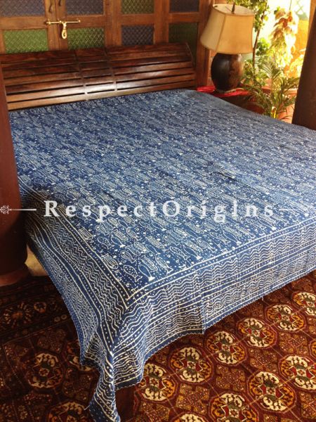 Blue White Fish Motif Kantha-stitch Pure Cotton Dohar Spread Block Prints; Length 110 x Width 90 Inches; RespectOrigins.com