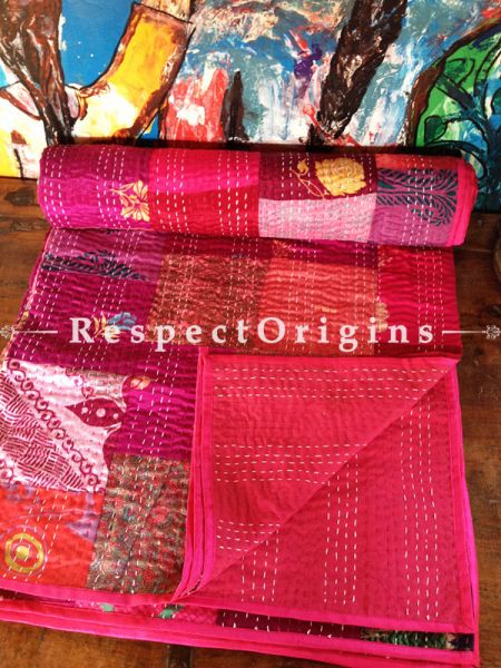 Fuschia Pink n Red Color Pop Kantha-stitch Pure Cotton Dohar Spread Block Prints; Length 110 x Width 90 Inches; RespectOrigins.com