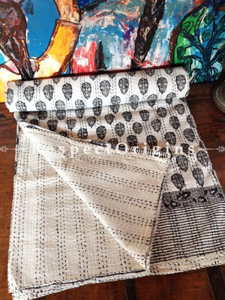 White  Kantha-stitch Pure Cotton Dohar Spread Block Prints;Length 110 x Width 90 Inches; RespectOrigins.com