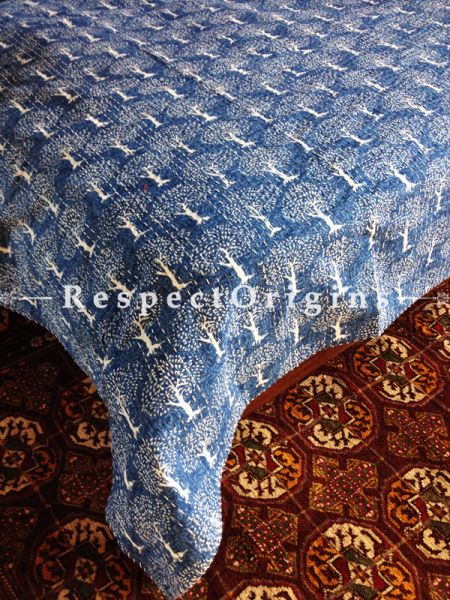 Blue Seasonal Kantha-stitch Pure Cotton Dohar Spread Block Prints;Length 110 x Width 90 Inches; RespectOrigins.com
