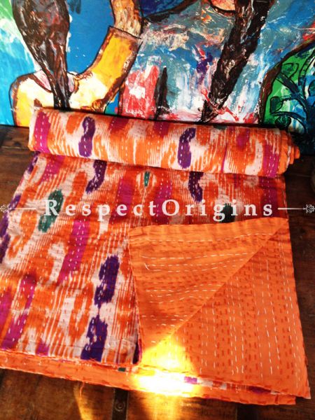 Orange Ikat Seasonal Kantha-stitch Pure Cotton Dohar Spread Block Prints;Length 110 x Width 90 Inches; RespectOrigins.com
