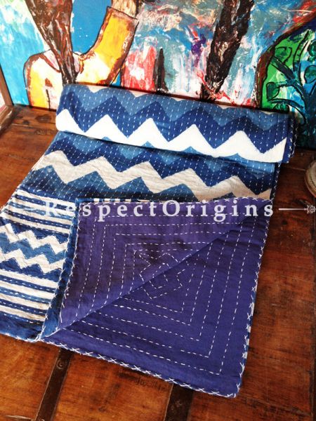 Indigo Blue Seasonal Kantha-stitch Pure Cotton Dohar Spread Block Prints;Length 110 x Width 90 Inches; RespectOrigins.com