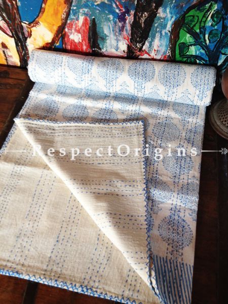 Cream Seasonal Kantha-stitch Pure Cotton Dohar Spread Block Prints;Length 110 x Width 90 Inches; RespectOrigins.com