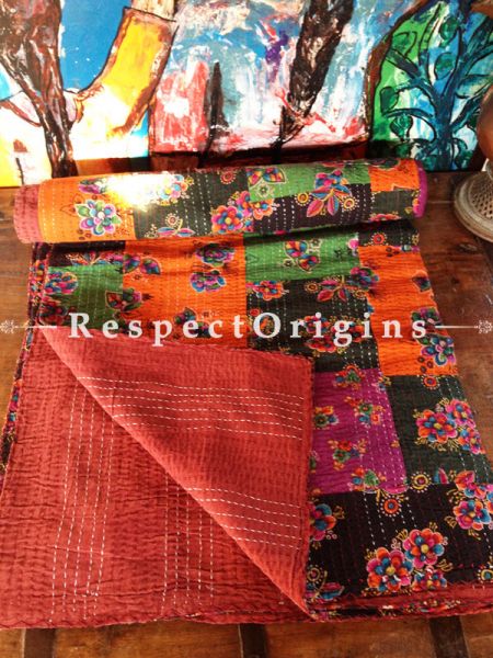 Brilliantly Colored Seasonal Kantha-stitch Pure Cotton Dohar Spread Block Prints;Length 110 x Width 90 Inches; RespectOrigins.com