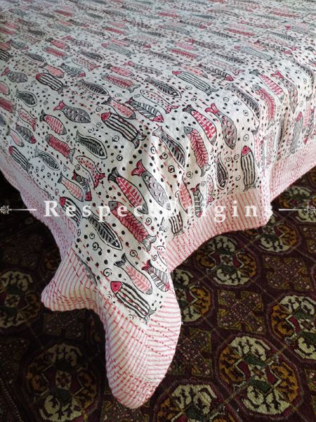 Candy-floss Pink Seasonal Kantha-stitch Pure Cotton Dohar Spread Block Prints;Length 110 x Width 90 Inches; RespectOrigins.com