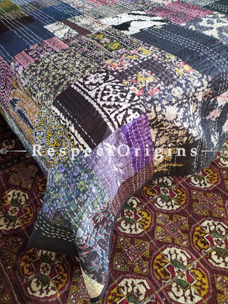 Multicoloured Seasonal Kantha-stitch Pure Cotton Dohar Spread Block Prints;Length 110 x Width 90 Inches; RespectOrigins.com