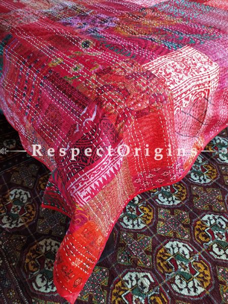 Earthy Green Seasonal Kantha-stitch Pure Cotton Dohar Spread Block Prints;Length 110 x Width 90 Inches; RespectOrigins.com