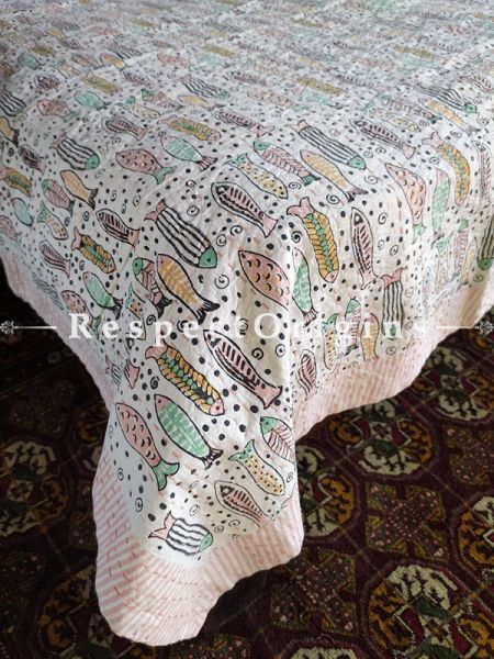 Light Creamy Seasonal Kantha-stitch Pure Cotton Dohar Spread Block Prints;Length 110 x Width 90 Inches; RespectOrigins.com
