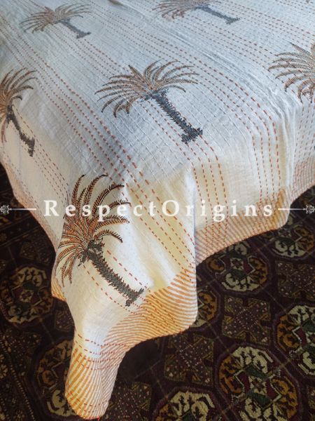 White Seasonal Kantha-stitch Pure Cotton Dohar Spread Block Prints;Length 110 x Width 90 Inches; RespectOrigins.com