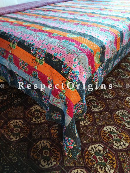Colourful Seasonal Kantha-stitch Pure Cotton Dohar Spread Block Prints;Length 110 x Width 90 Inches; RespectOrigins.com