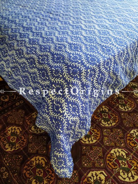 Blue Seasonal Kantha-stitch Pure Cotton Dohar Spread Block Prints;Length 110 x Width 90 Inches; RespectOrigins.com